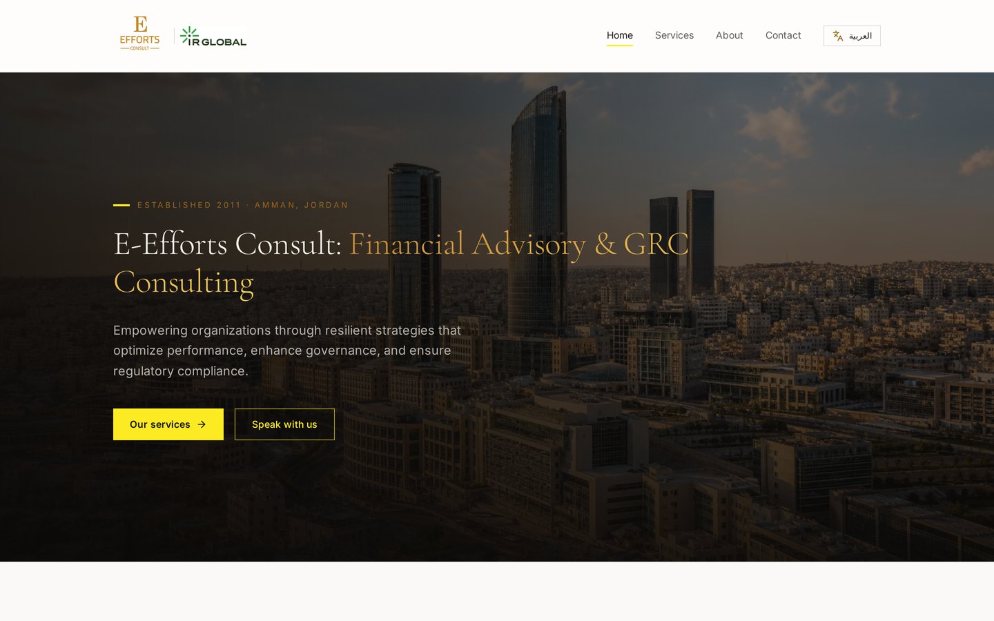 Screenshot of the E-Efforts Consult homepage showing a full-width city skyline hero with the headline 'Financial Advisory & GRC Consulting'.