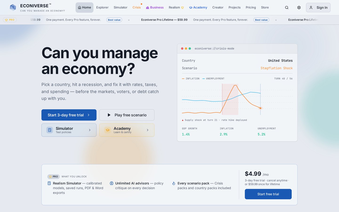 Screenshot of the Econiverse homepage showing the headline 'Can you manage an economy?' beside an interactive crisis-mode chart of inflation and unemployment.
